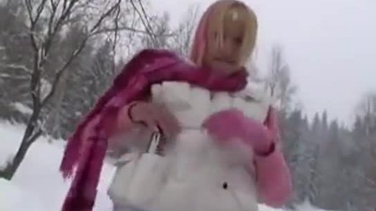 Teen masturbating with a toy during winter