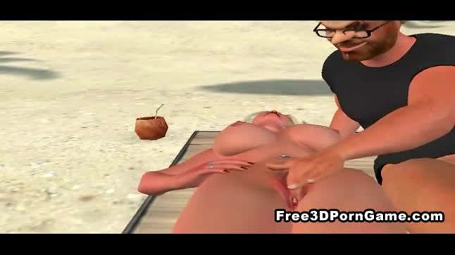 Sexy 3d cartoon blonde babe fingered on the beach